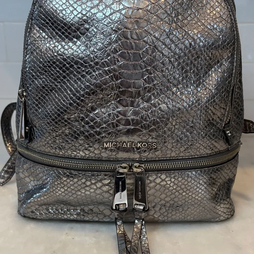 Michael Kors Backpack Bag Leather Purse Handbag Rhea Metallic Silver Snake Print